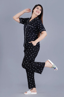 MintMarie Women Printed Black Shirt & Pyjama set