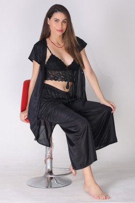 SSoShHub Women Self Design Black Night Suit Set