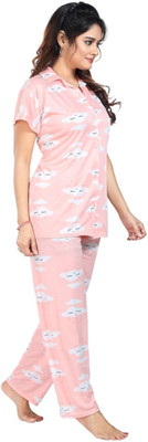 Qunity Women Printed Pink Night Suit Set