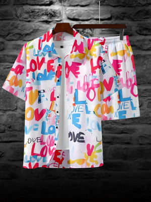 ZONANZA Men Printed White Night Suit Set