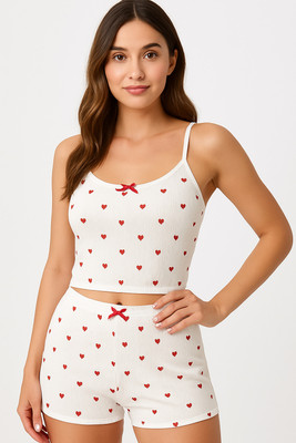 LUXZII Women Printed White, Red Top & Shorts Set
