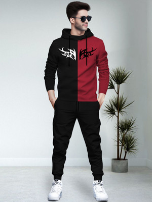 BLIVE Men Printed, Colorblock Black, Red Night Suit Set