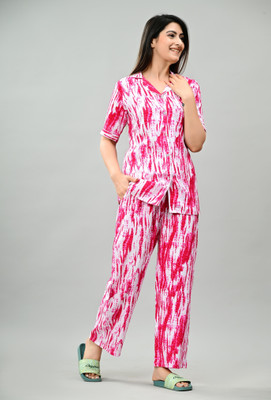 MintMarie Women Printed Pink Night Suit Set