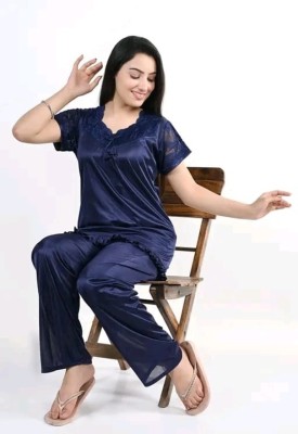 Pushbela Women Solid Dark Blue Night Suit Set