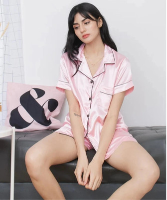 Vd hub Women Solid Pink Night Suit Set