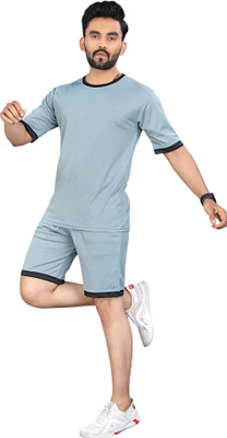 NISPRUH Men Striped Grey Night Suit Set