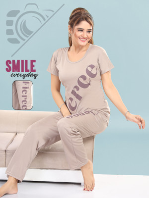 Trade Zone Women Printed Beige Night Suit Set