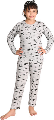 IndiWeaves Girls Printed Grey Night Suit Set