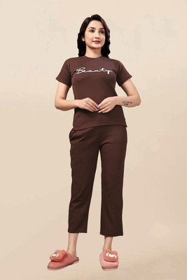 ZEEMBOOLI Women Self Design Brown Top & Pyjama Set