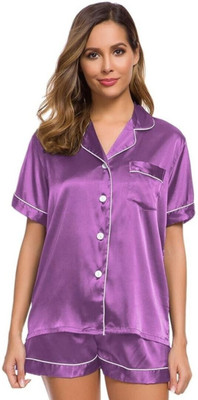 Vd hub Women Solid Purple Night Suit Set