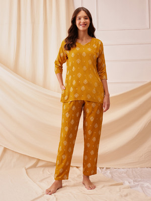 Clovia Women Geometric Print Yellow Top & Pyjama Set