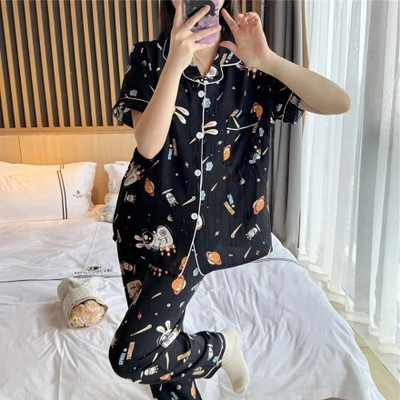 Lugo Women Printed Black Night Suit Set