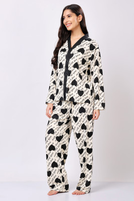 Lugo Women Printed Beige, Black Night Suit Set