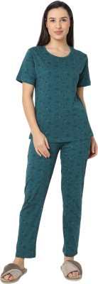Smarty Pants Women Printed Green Top & Pyjama Set