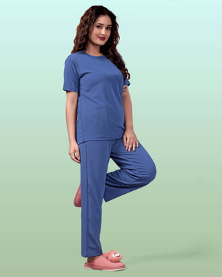 SAKARMAA Women Solid Blue Top & Pyjama Set