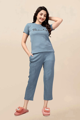 PTELRA Women Self Design Light Blue Night Suit Set