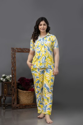 Femary Women Printed Yellow, White Night Suit Set