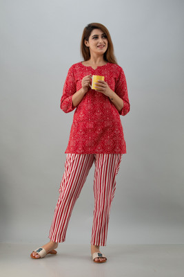 his&her Women Printed Red Top & Pyjama Set