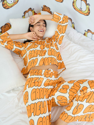 SWEET DREAMS Women Printed Orange Top & Pyjama Set