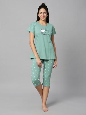 DZZO Women Printed Green Top & Capri Set