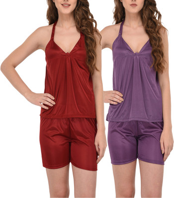 Pricha Women Solid Purple, Maroon Top & Shorts Set