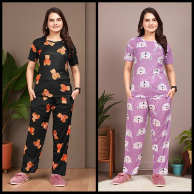FASHION GREAB Women Printed Black Top & Pyjama Set