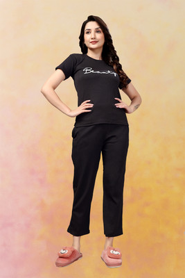 MEEMBOOLI Women Printed Black Top & Pyjama Set