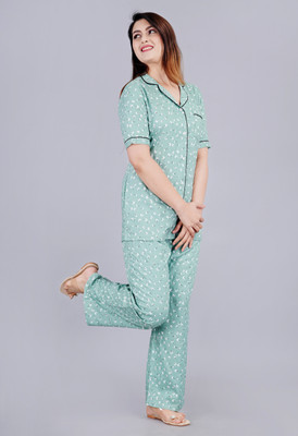 MintMarie Women Geometric Print Green Night Suit Set