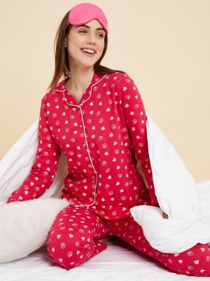 SWEET DREAMS Women Printed Pink Shirt & Pyjama set