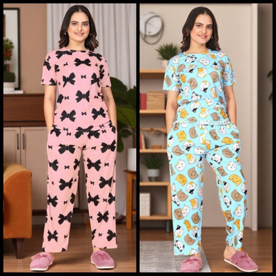 FASHION GREAB Women Printed Pink Top & Pyjama Set