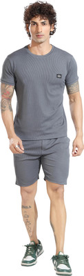 REGY Men Solid Grey Top & Shorts Set