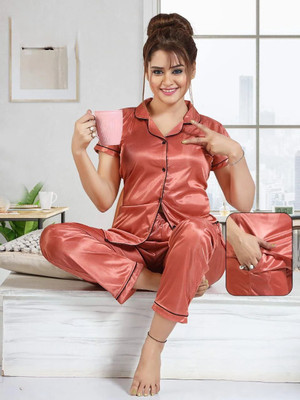 HouseOfCommon Women Solid Brown Shirt & Pyjama set
