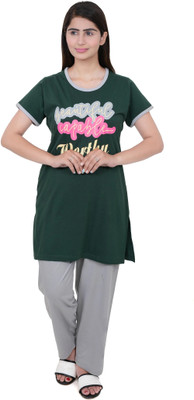 E-MAX Women Printed Dark Green, Grey Top & Pyjama Set