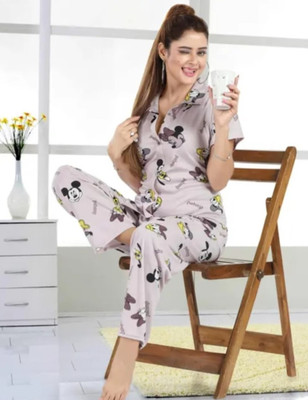 Qunity Women Printed Grey Night Suit Set