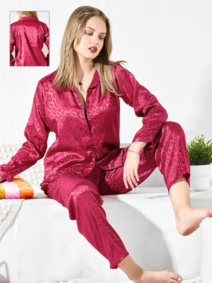 Kattly Women Printed Red Shirt & Pyjama set