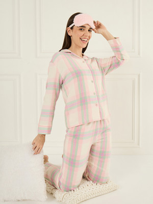 SWEET DREAMS Women Checkered Pink Top & Pyjama Set