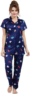 h r creation Women Printed Blue Shirt & Pyjama set