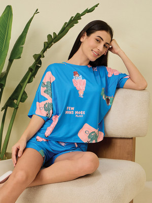 SWEET DREAMS Women Printed Blue Top & Shorts Set