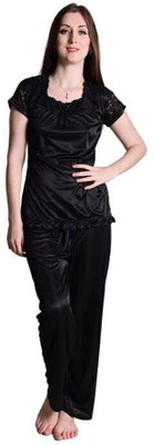 INOBARN Women Solid Black Top & Pyjama Set