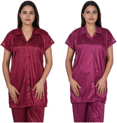 INSTRY Women Solid Pink, Purple Night Suit Set