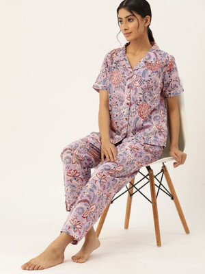 BrownEra Women Printed Purple Night Suit Set
