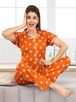 Nighty King Women Printed Yellow Night Suit Set