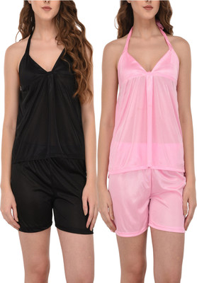 HouseOfCommon Women Solid Black, Pink Top & Shorts Set
