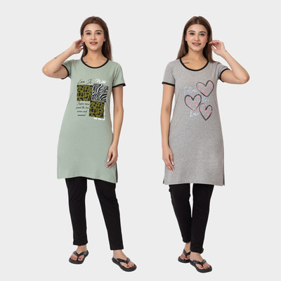GEE 5 Women Graphic Print Green, Grey Top & Pyjama Set