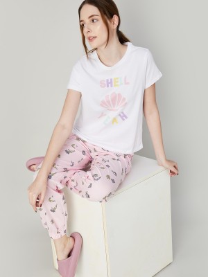 Ginger by Lifestyle Women Printed White Top & Pyjama Set