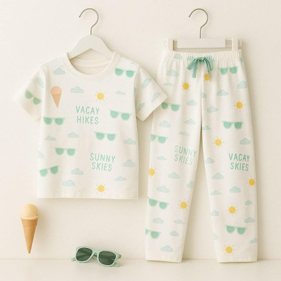 Bubble Berry Baby Girls Printed White Top & Pyjama Set