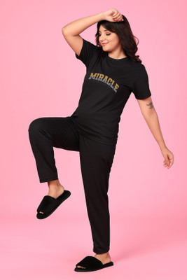 Cammyleon store Women Self Design Black Top & Pyjama Set