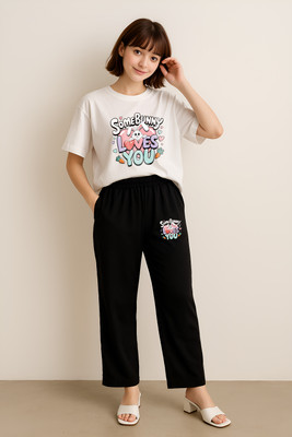 Shonisha Women Printed Black, White Top & Pyjama Set