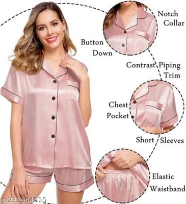 Vd hub Women Solid Pink Night Suit Set