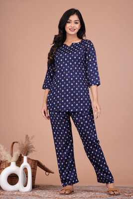 FROEBEL Women Printed Dark Blue Night Suit Set